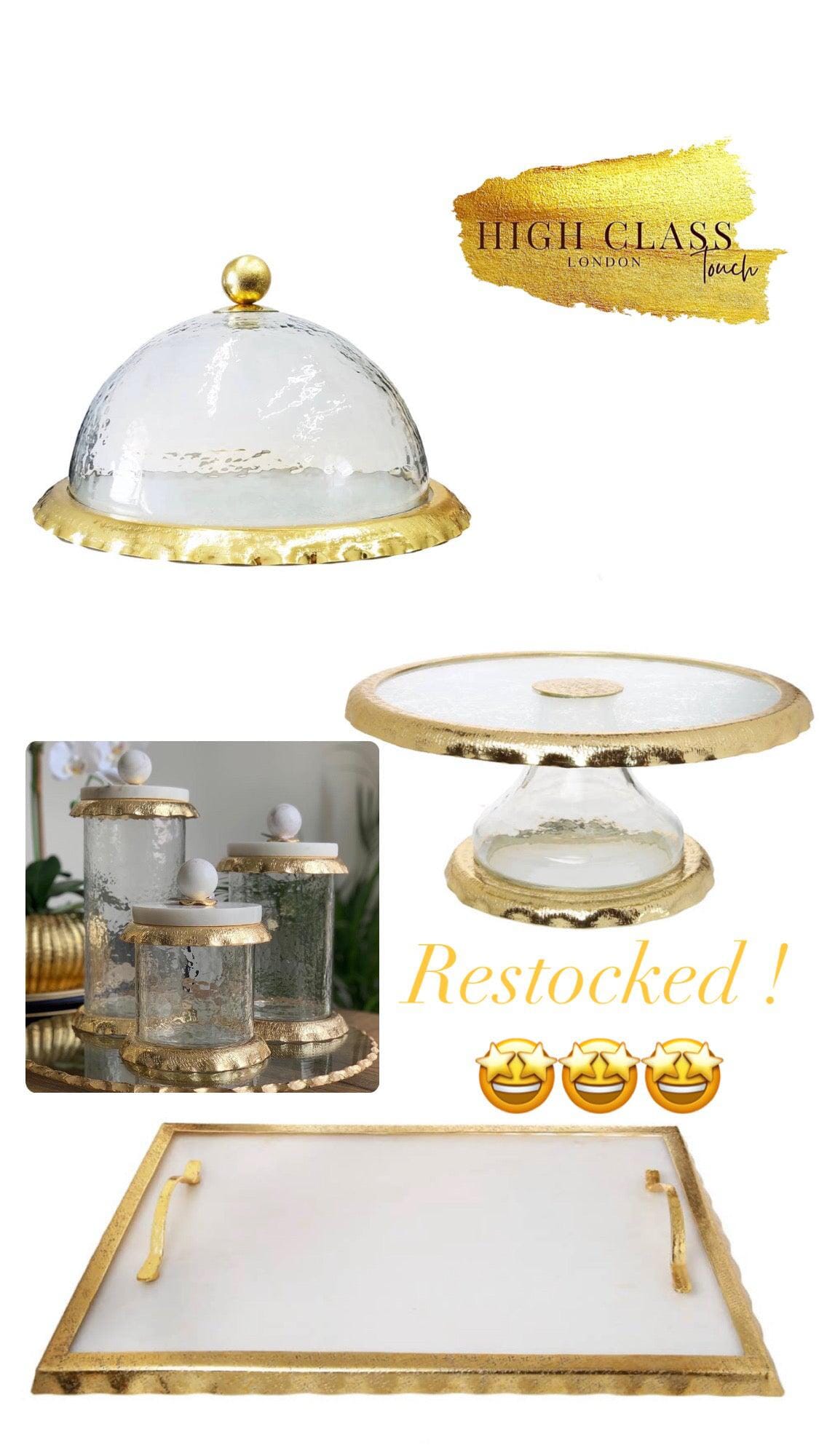 Glass Cake Dome Plate With Gold Wavy Border High Class Touch - Home Decor 