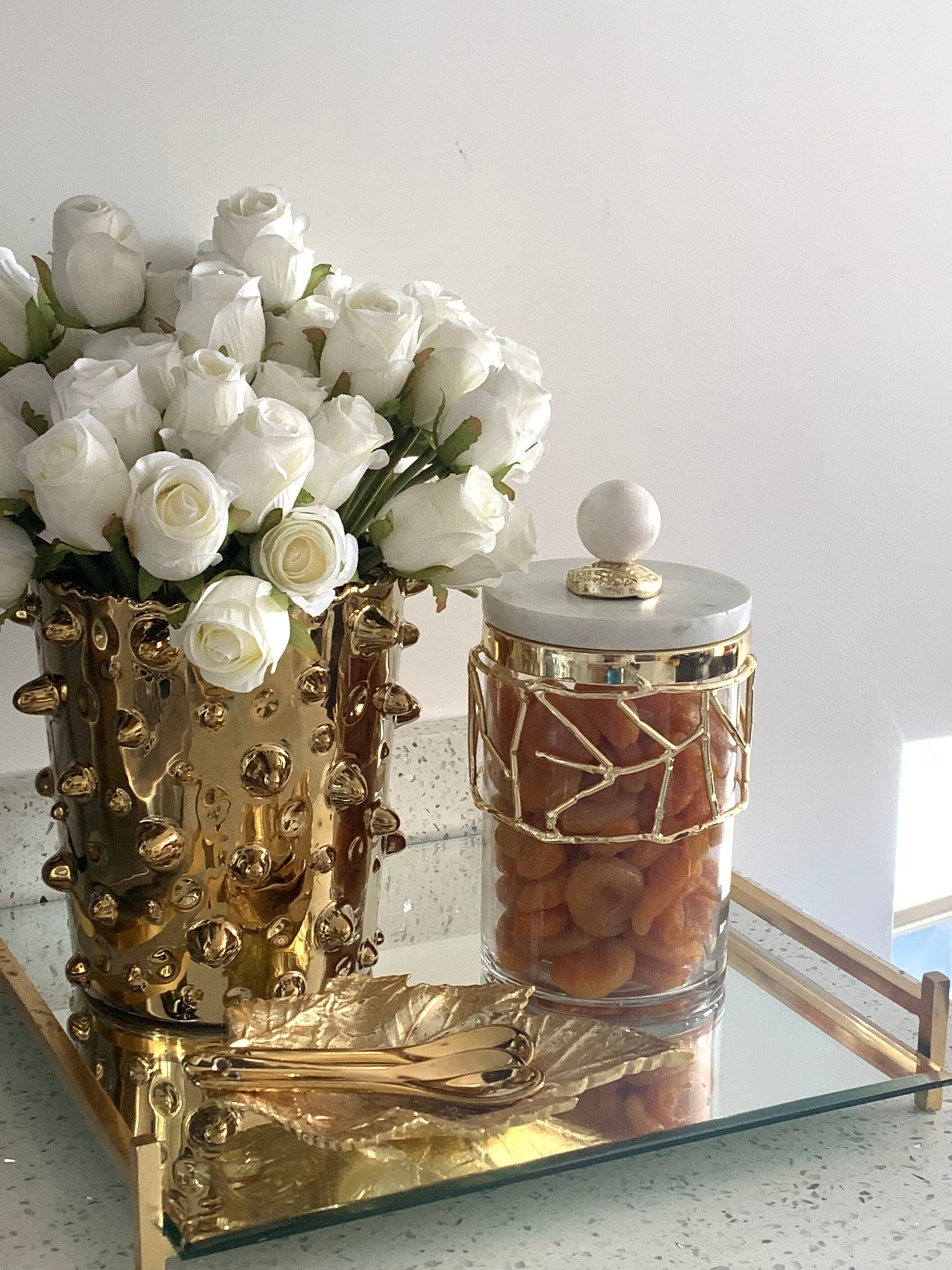 Glass Canister Gold Mesh Design, Marble Lid Canisters High Class Touch - Home Decor 