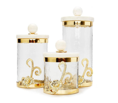 Glass Canister with Gold Design and Marble Lid Canisters High Class Touch - Home Decor 