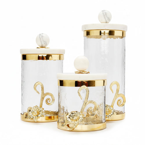 Glass Canister with Gold Design and Marble Lid Canisters High Class Touch - Home Decor 