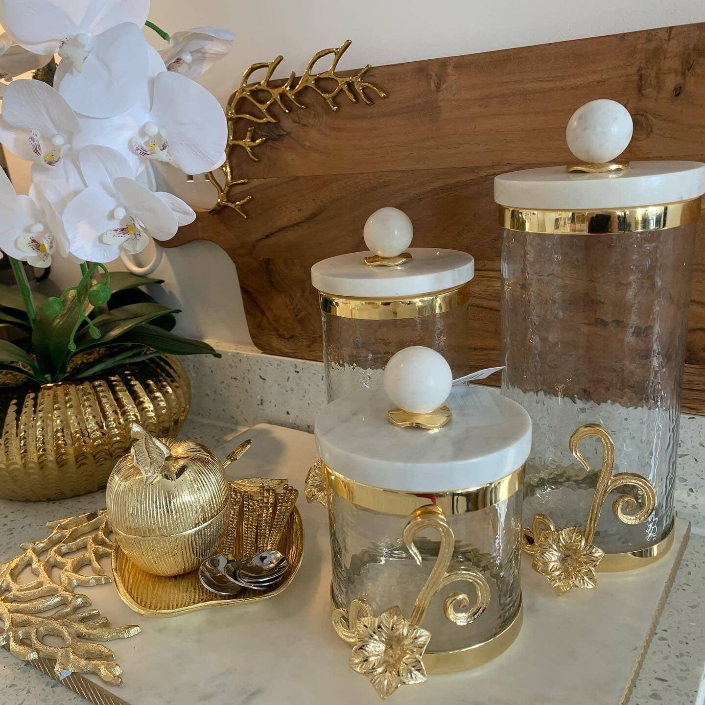 Glass Canister with Gold Design and Marble Lid Canisters High Class Touch - Home Decor 