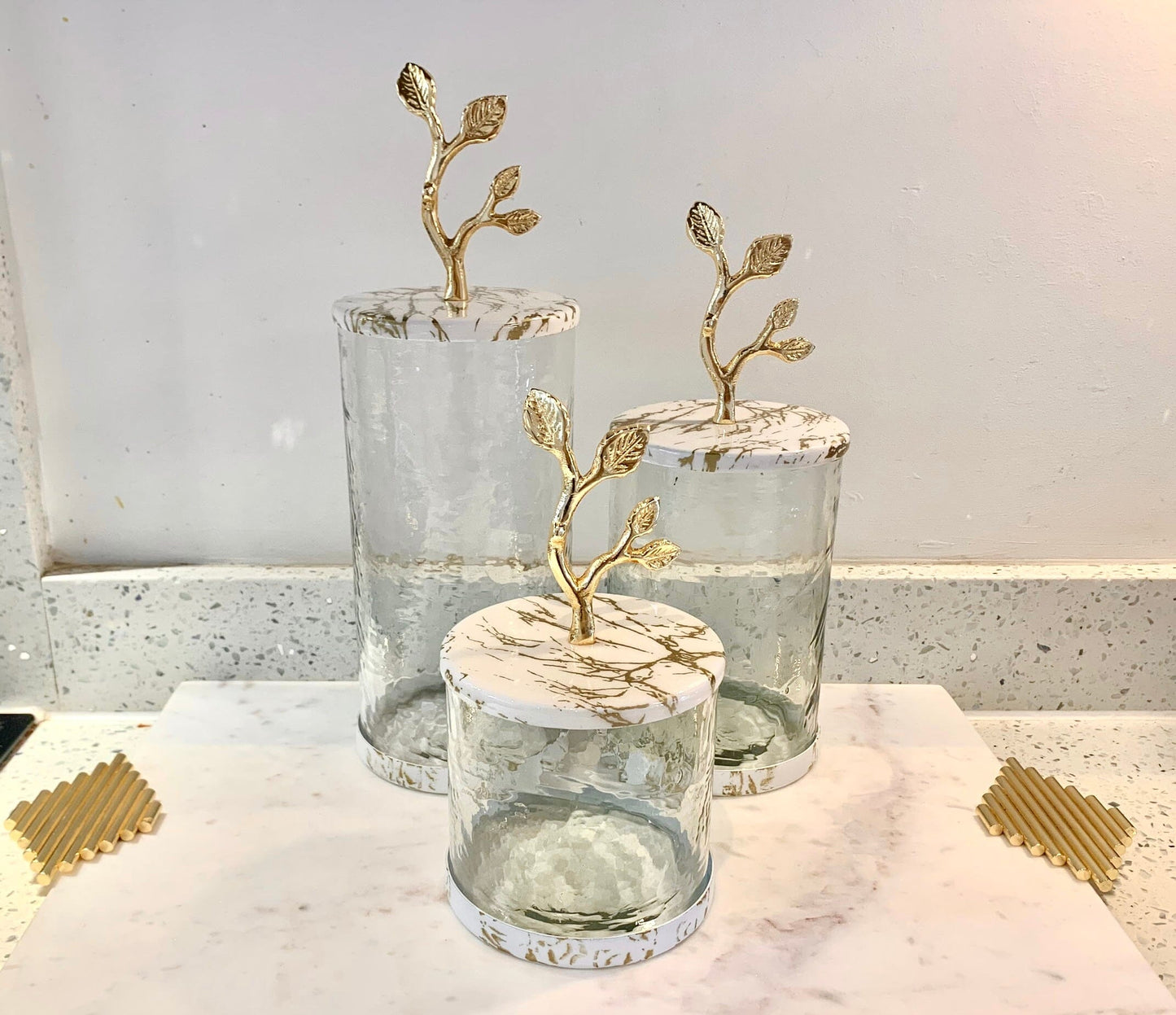 Glass Coffee Jar Leaf Handle Lid Canisters High Class Touch - Home Decor 