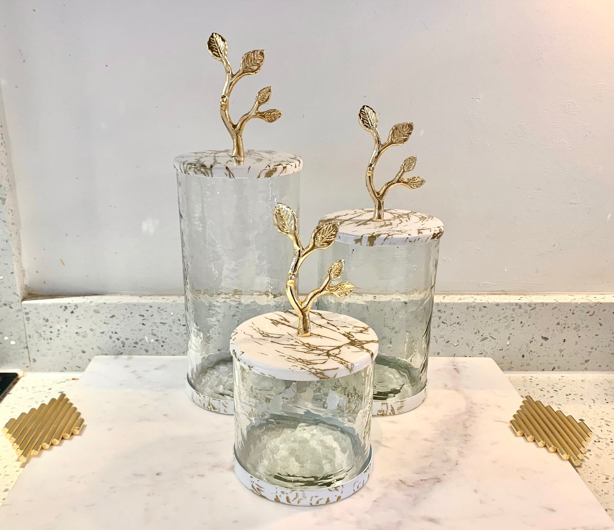 Glass Coffee Jar Leaf Handle Lid Canisters High Class Touch - Home Decor 