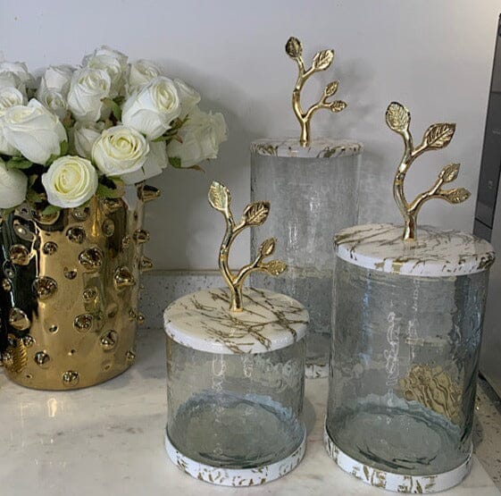 Glass Coffee Jar Leaf Handle Lid Canisters High Class Touch - Home Decor 