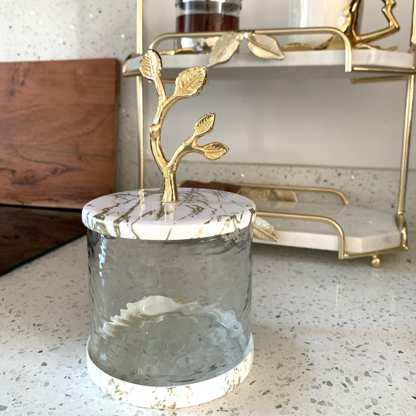 Glass Coffee Jar Leaf Handle Lid Canisters High Class Touch - Home Decor 