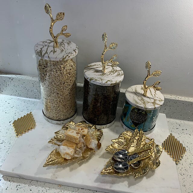 Glass Coffee Jar Leaf Handle Lid Canisters High Class Touch - Home Decor 
