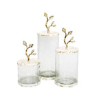 Glass Coffee Jar Leaf Handle Lid Canisters High Class Touch - Home Decor Set of 3 