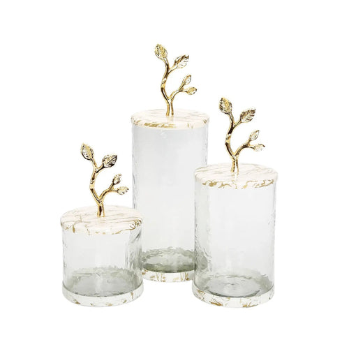 Glass Coffee Jar Leaf Handle Lid Canisters High Class Touch - Home Decor Set of 3 