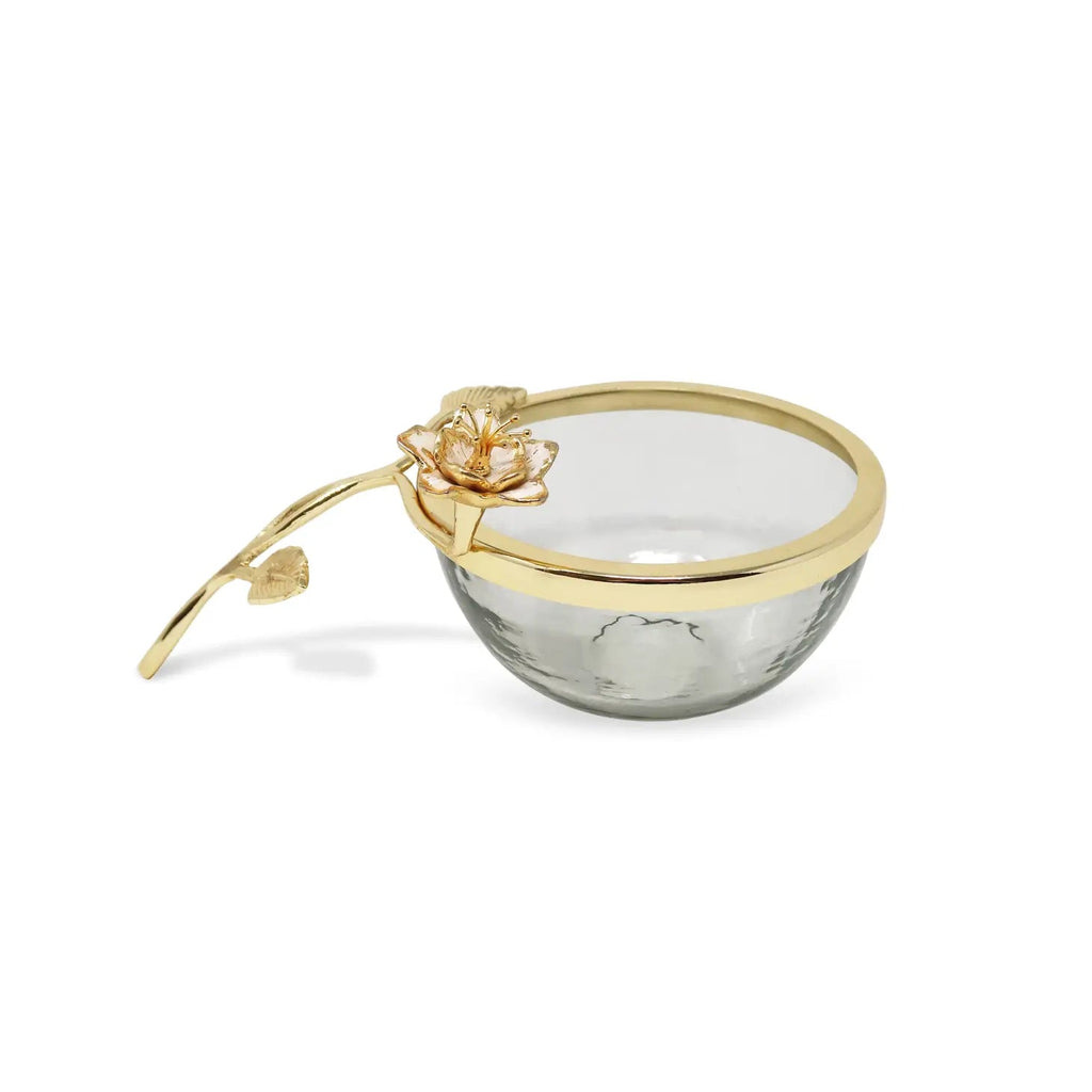 Glass Dish with Gold Enamel Flower Design On Handle Decorative Bowls High Class Touch - Home Decor 