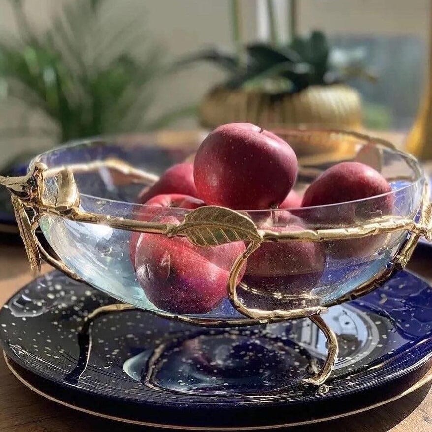 Gold Bowl On Stainless Leaf Stand Serving Bowls High Class Touch - Home Decor 