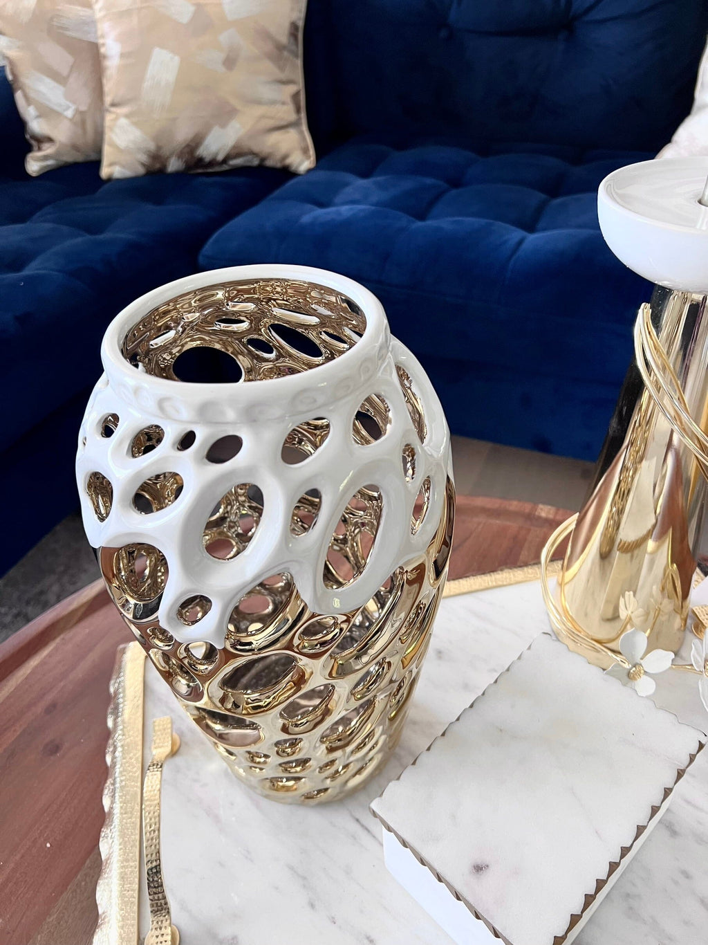 Gold and White Holes Design Flower Vase Vases High Class Touch - Home Decor 