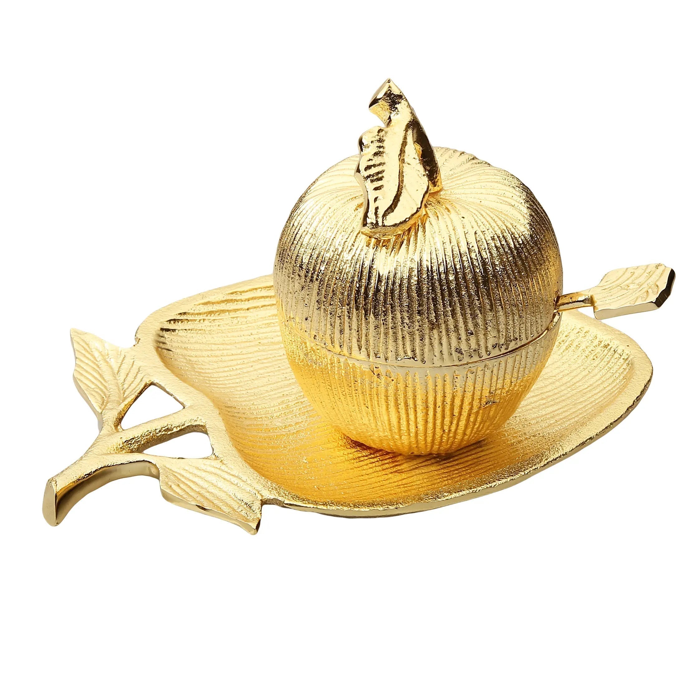 Gold Apple Shaped Dish with spoon Sugar and Honey Jars High Class Touch - Home Decor 