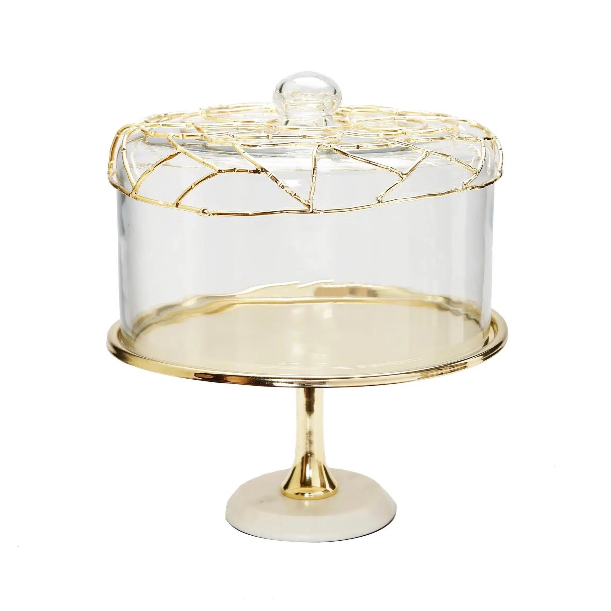 Gold Cake Tray Glass Dome White Marble Base Mesh Design High Class Touch