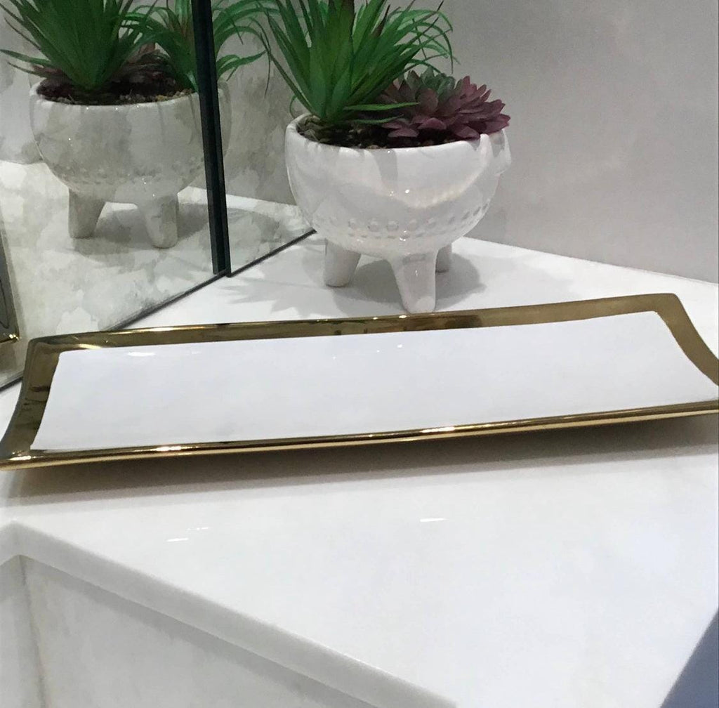 Gold Edged White Rectangular Tray Decorative Trays High Class Touch - Home Decor 