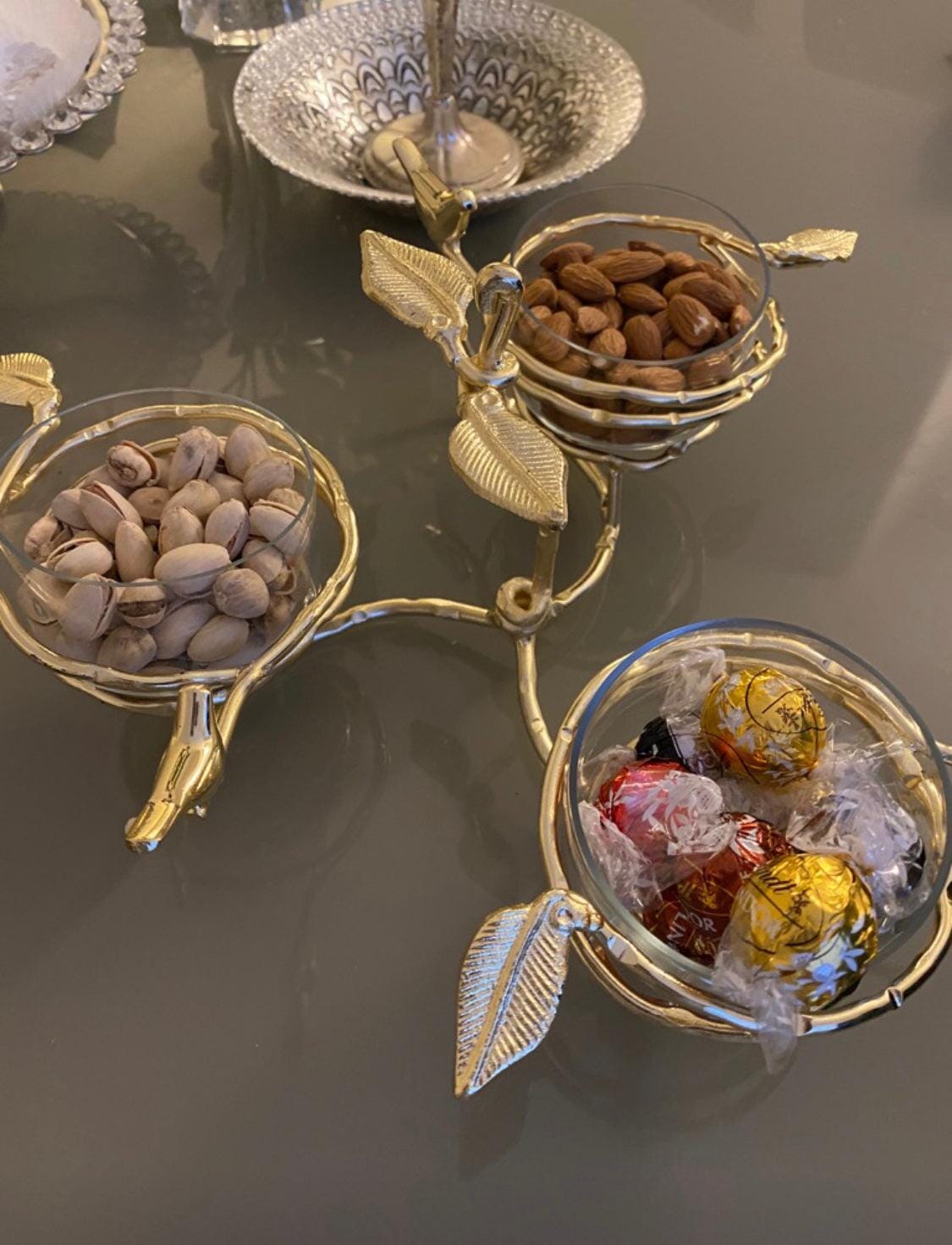 Gold Leaf 3 Bowl Relish Dish With Glass Inserts Snack Bowls High Class Touch - Home Decor 