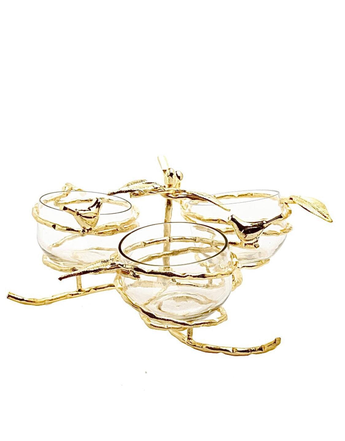 Gold Leaf 3 Bowl Relish Dish With Glass Inserts Snack Bowls High Class Touch - Home Decor 