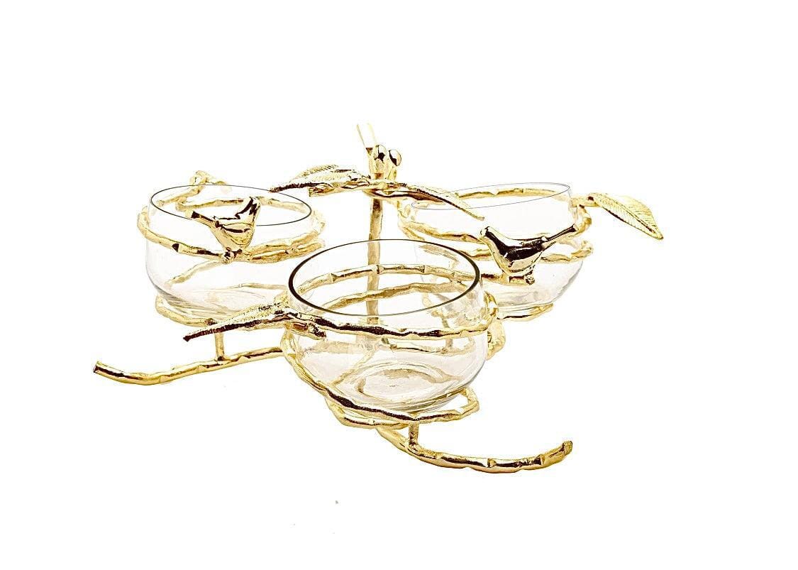 Gold Leaf 3 Bowl Relish Dish With Glass Inserts Snack Bowls High Class Touch - Home Decor 