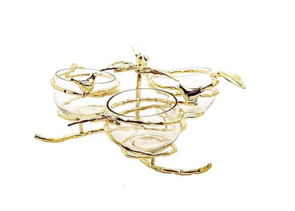 Gold Leaf 3 Bowl Relish Dish With Glass Inserts Snack Bowls High Class Touch - Home Decor 