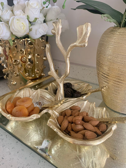 Gold Leaf 3 Sectional Relish Dish Snack Bowls High Class Touch - Home Decor 