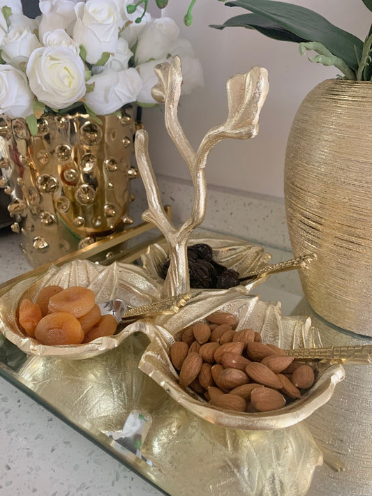 Gold Leaf 3 Sectional Relish Dish Snack Bowls High Class Touch - Home Decor 