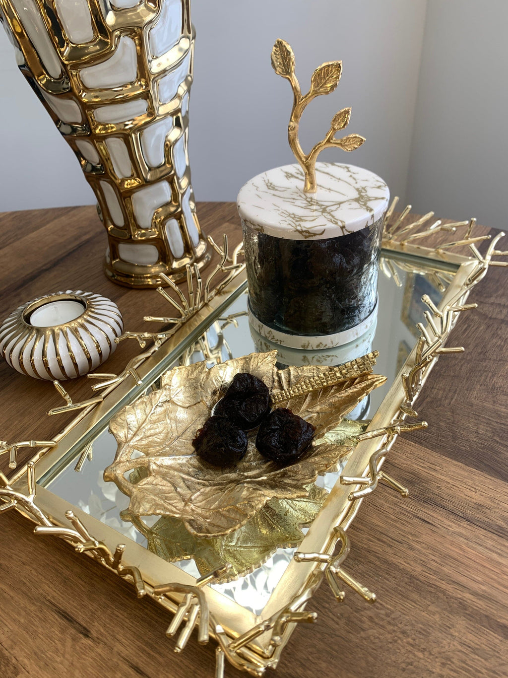 Gold Rectangular Mirror Tray with Spikes Design Decorative Trays High Class Touch - Home Decor 