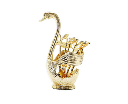 Gold Swan Dessert Spoon Holder with 6 Spoons Cutlery High Class Touch - Home Decor 