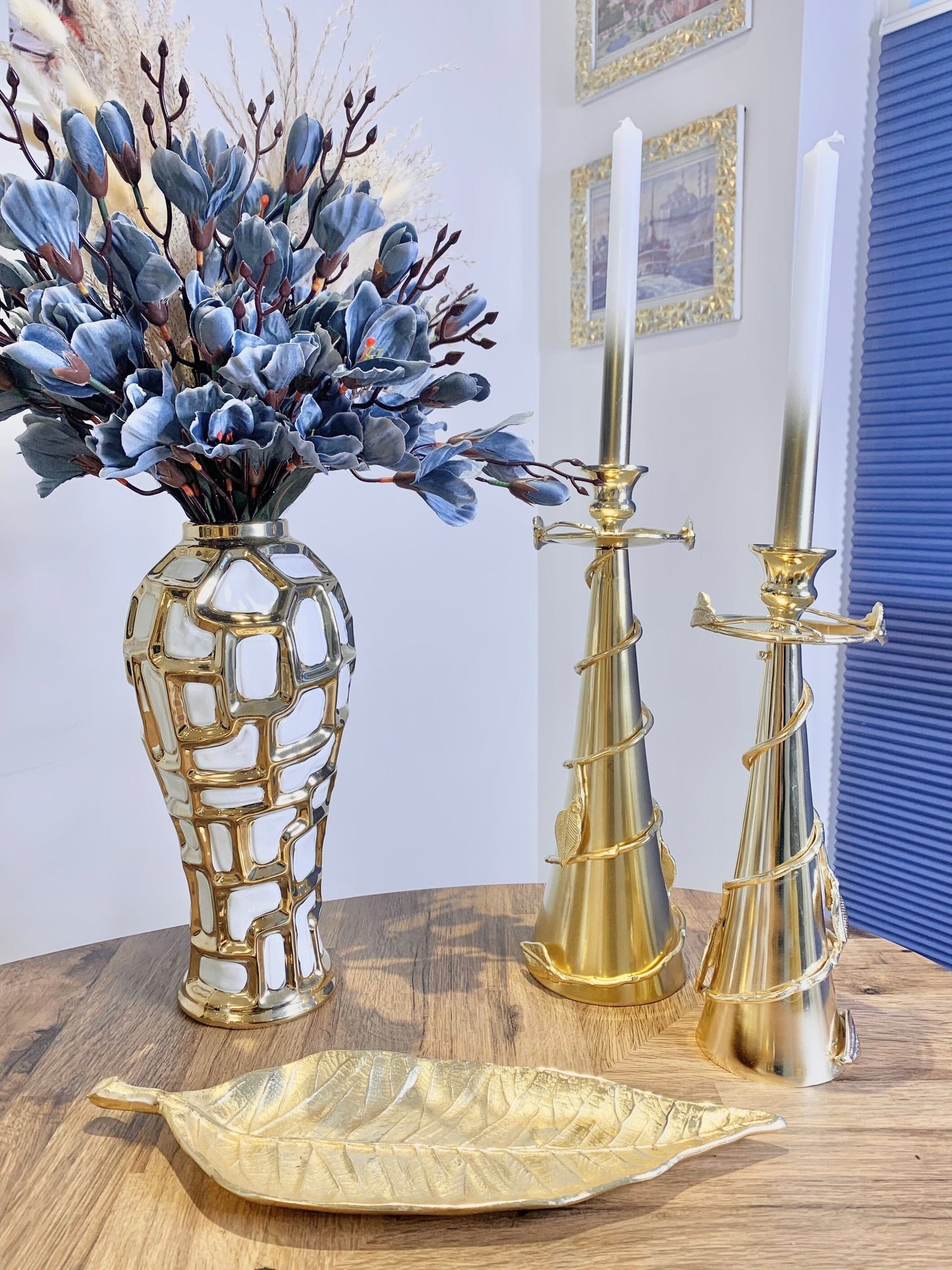 Gold Taper Candle Holder Leaf Spiral Design Candle Holders High Class Touch - Home Decor 