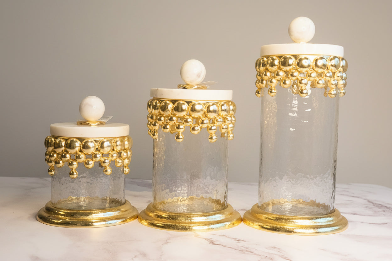 Hammered Glass Canisters with Gold Design and Marble Lid Canisters High Class Touch - Home Decor 