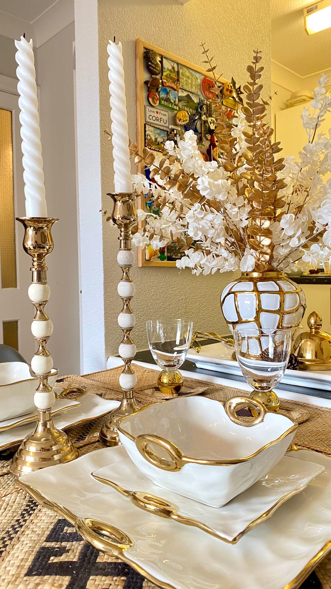 Large Gold Candle Holder White and Gold Beaded Stem Candle Holders High Class Touch - Home Decor 