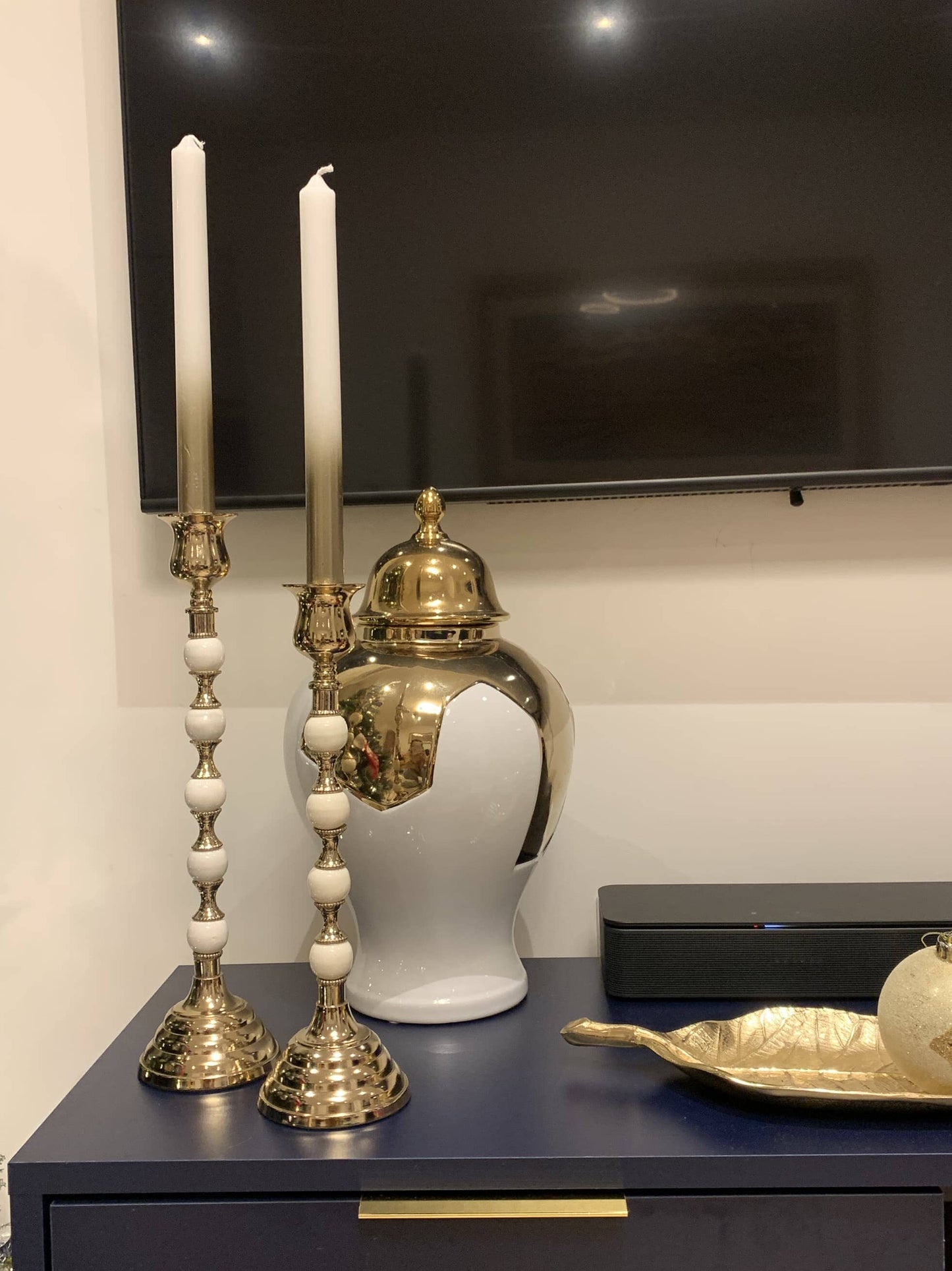 Large Gold Candle Holder White and Gold Beaded Stem Candle Holders High Class Touch - Home Decor 