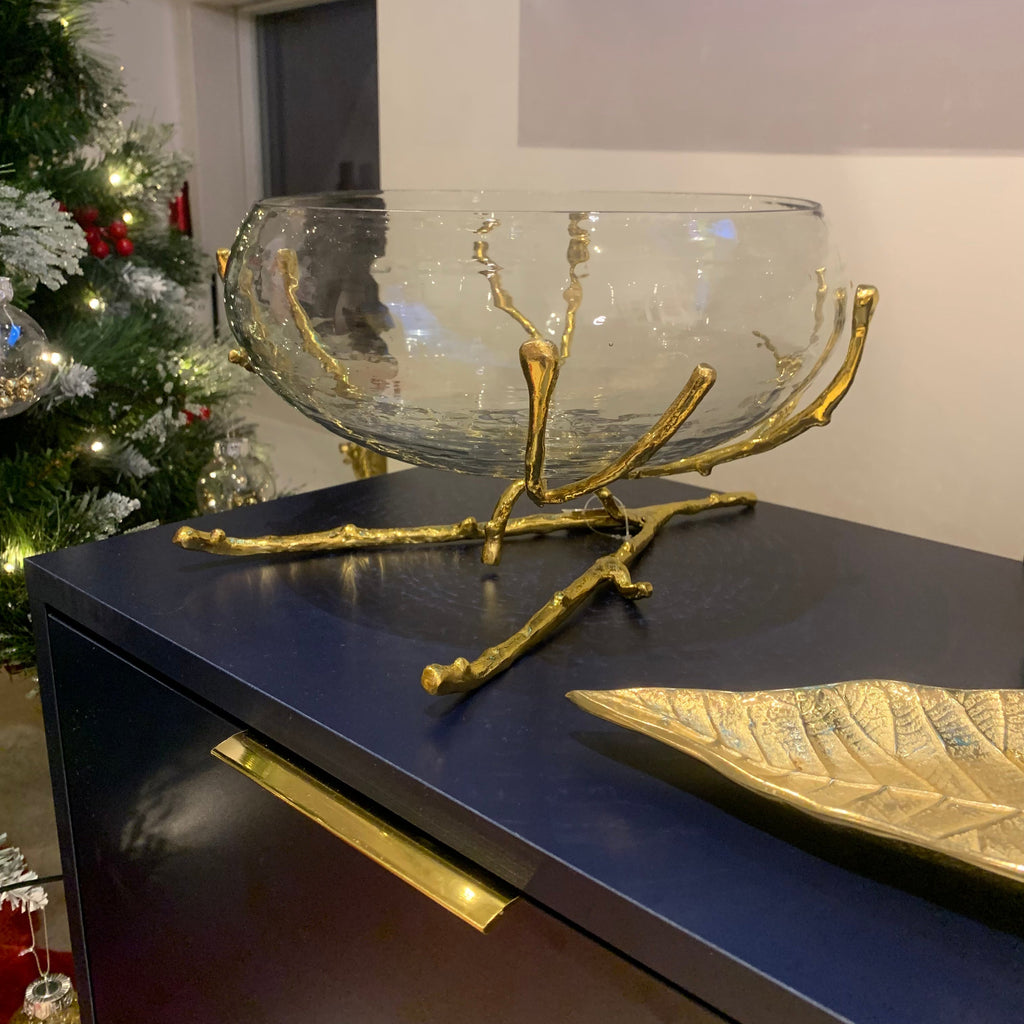 Luxury Gold Fruit Bowl with Brass Base for Table Centrepiece styled on living room 
