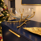 Luxury Gold Fruit Bowl with Brass Base for Table Centrepiece styled on living room 