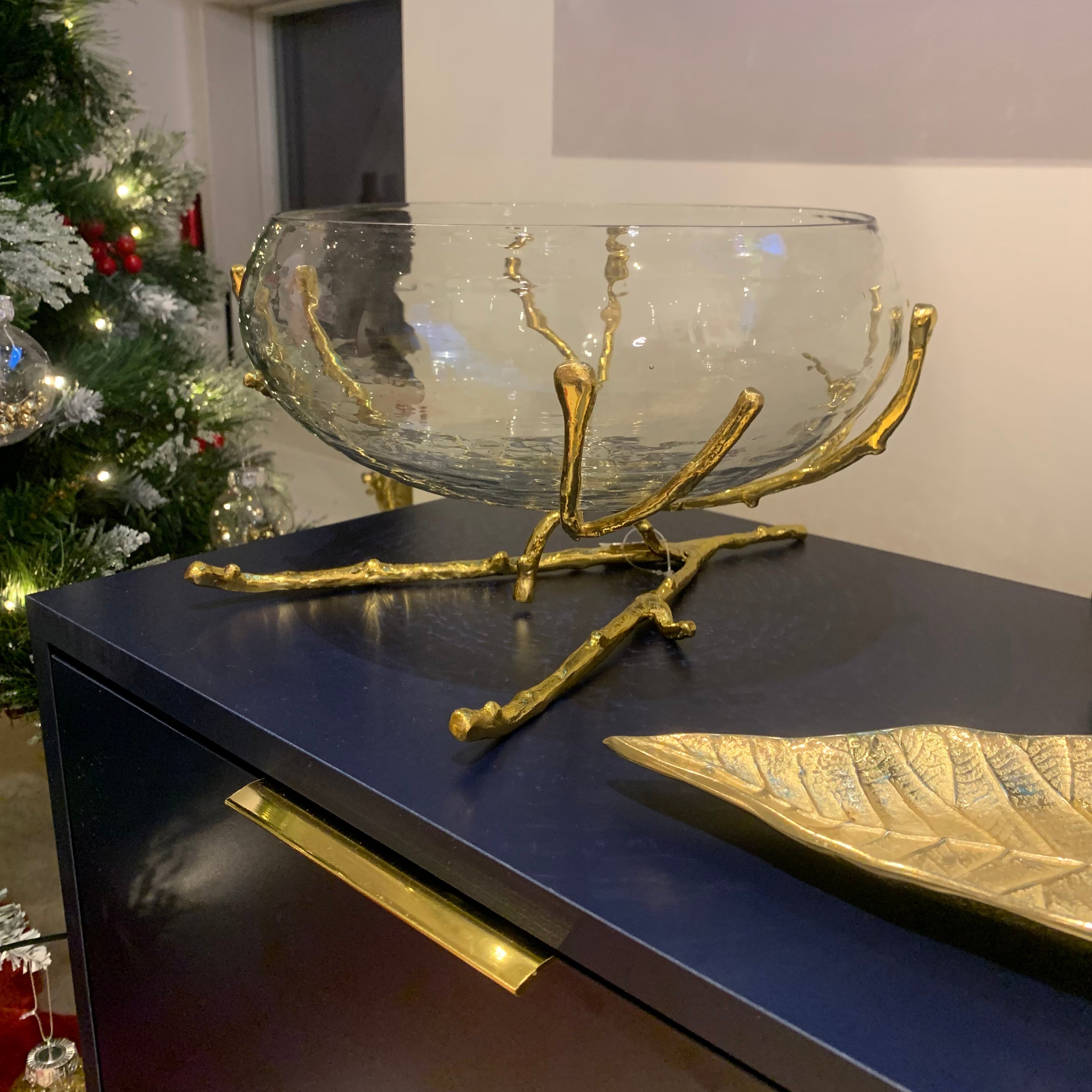 Luxury Gold Fruit Bowl with Brass Base for Table Centrepiece styled on living room 