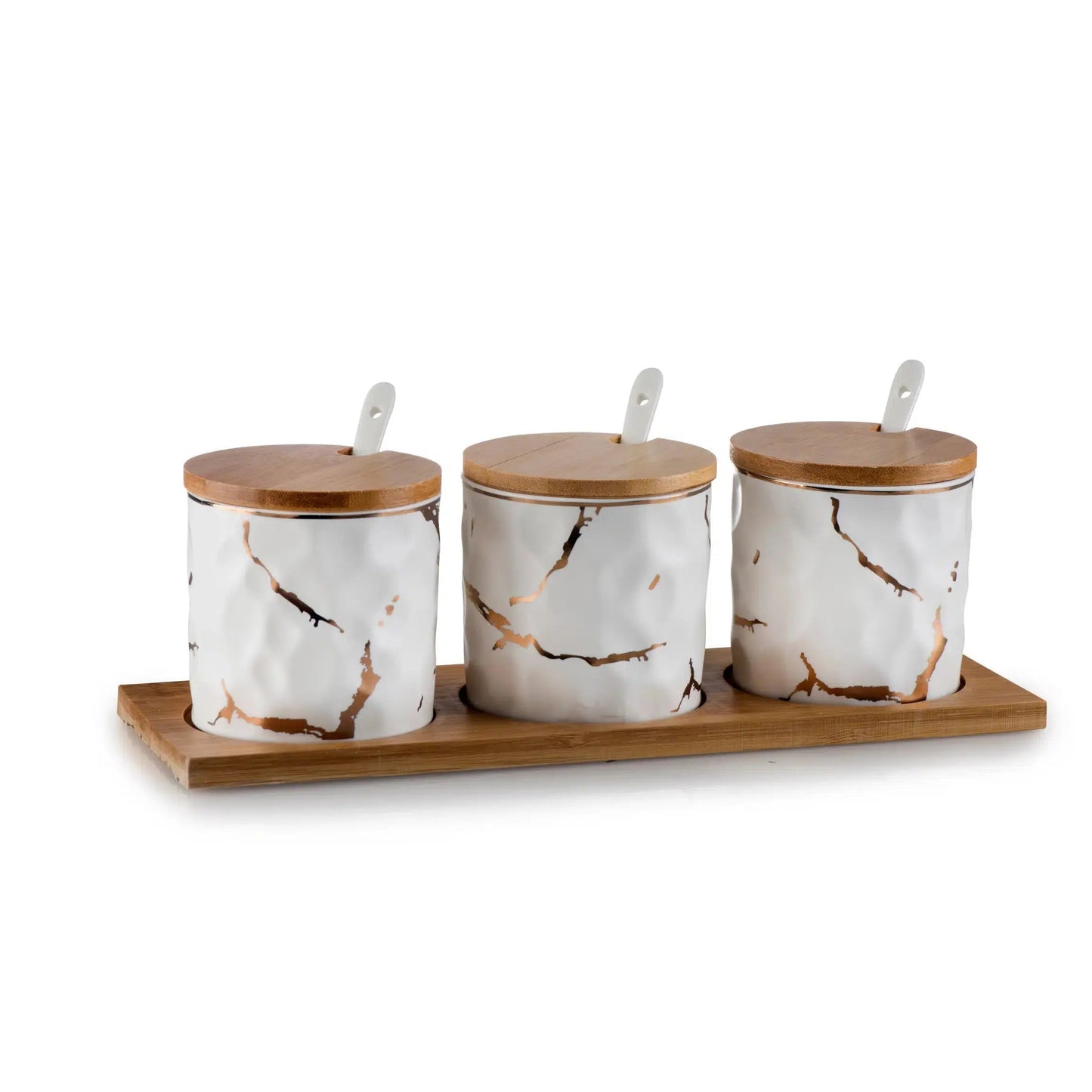 Porcelain Canister Set with Wooden Tray Canisters High Class Touch - Home Decor 