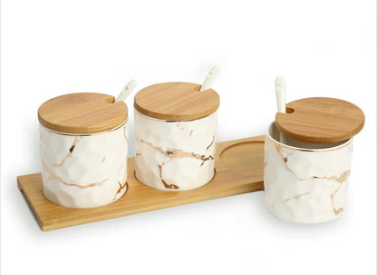 Porcelain Canister Set with Wooden Tray Canisters High Class Touch - Home Decor 