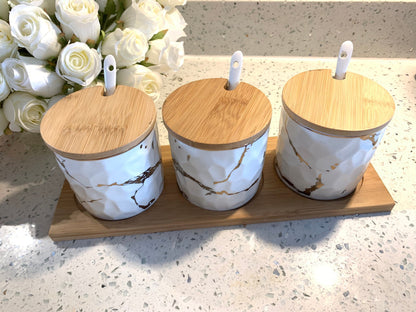 Porcelain Canister Set with Wooden Tray Canisters High Class Touch - Home Decor 