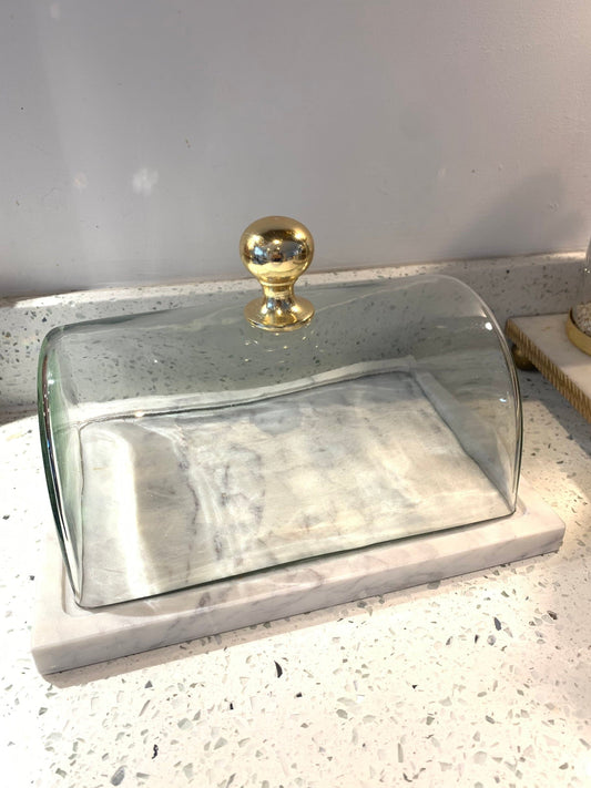 Rectangular Marble Cake Tray with Glass Dome Cake Stands High Class Touch - Home Decor 