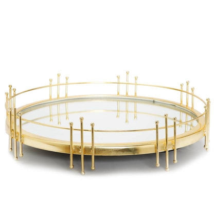 Round Mirror Tray with Gold Symmetrical Design Decorative Trays High Class Touch - Home Decor 