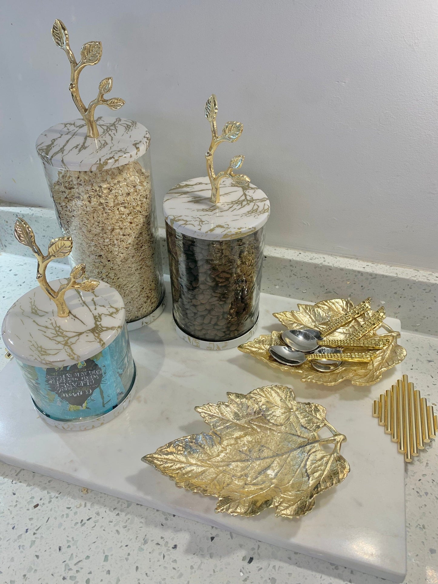 Set Of 2 Gold Metal Leaves Decorative Plates High Class Touch - Home Decor 