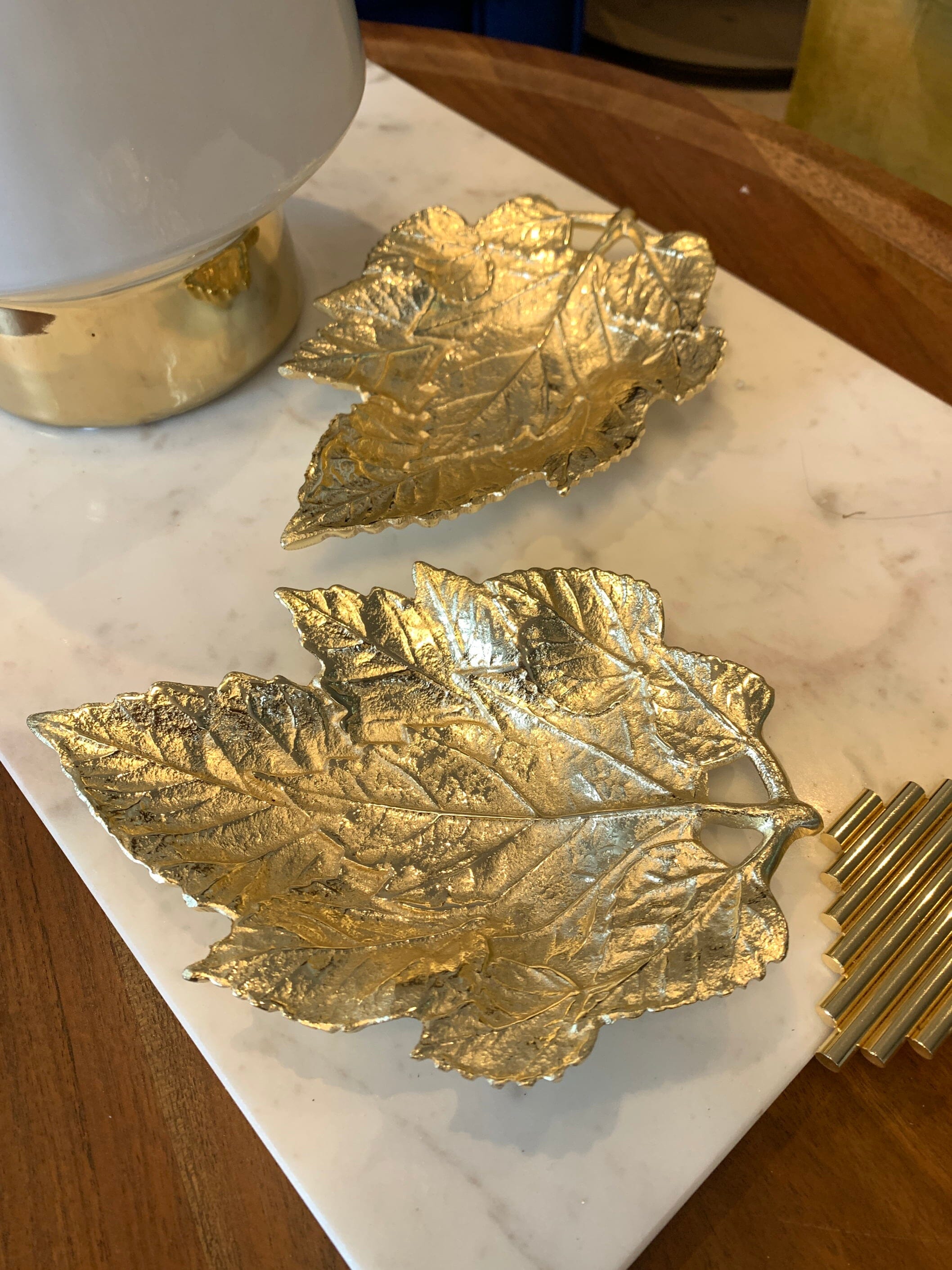 Set Of 2 Gold Metal Autumnal Leaves Dishes High Class Touch