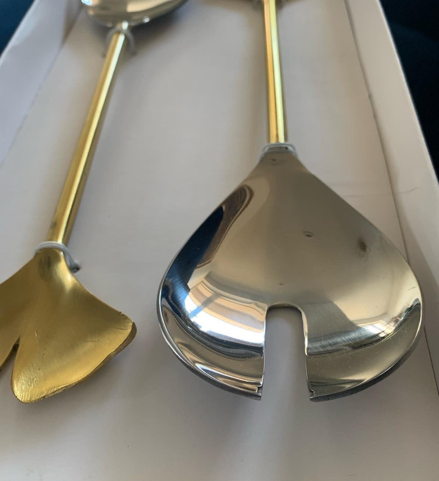 Set of 2 Salad Servers with Gold Handle and Flower Tip Salad server set High Class Touch - Home Decor 