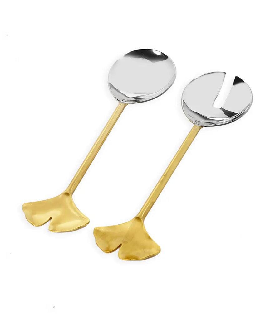 Set of 2 Salad Servers with Gold Handle and Flower Tip Salad server set High Class Touch - Home Decor 