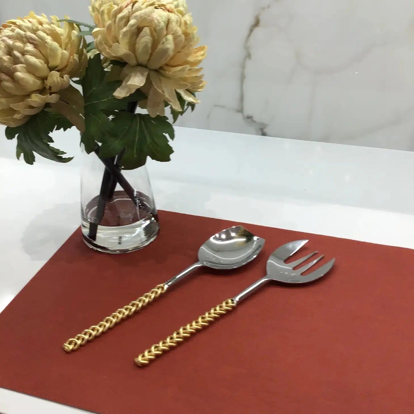 Set of 2 Salad Servers with Gold Twisted Handles Salad server set High Class Touch - Home Decor 