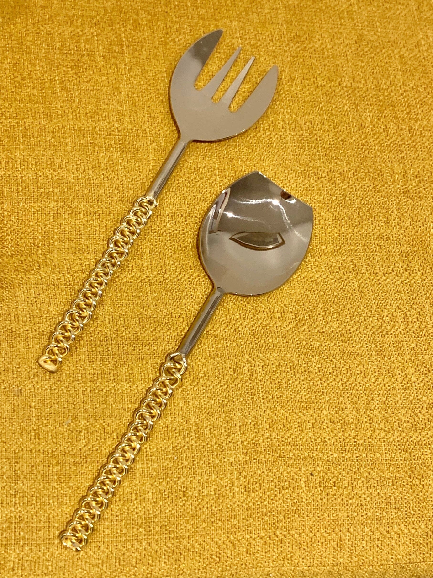 Set of 2 Salad Servers with Gold Twisted Handles Salad server set High Class Touch - Home Decor 