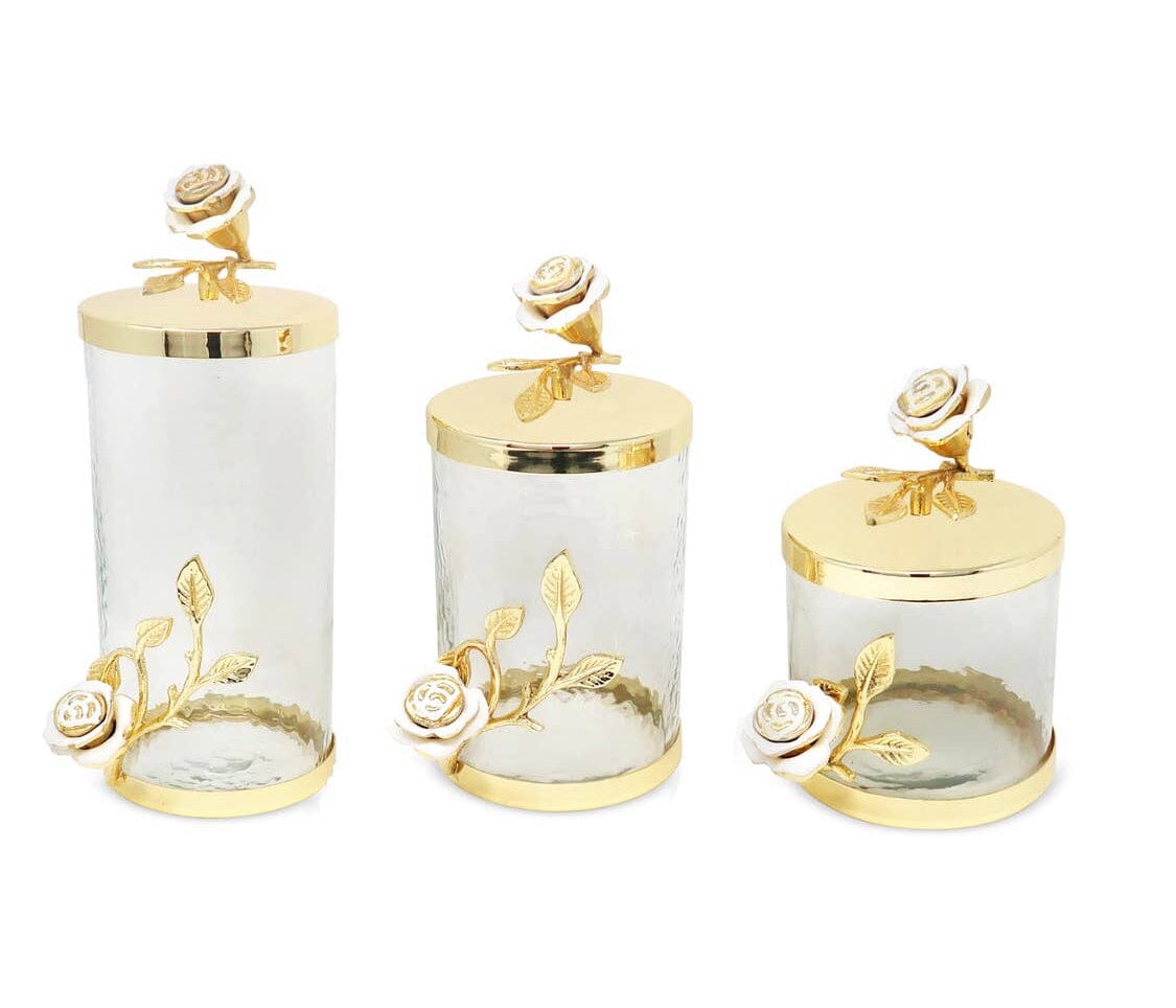 Set of 3 Hammered Glass Canister with Rose Design, Stainless Lid Canisters High Class Touch - Home Decor 