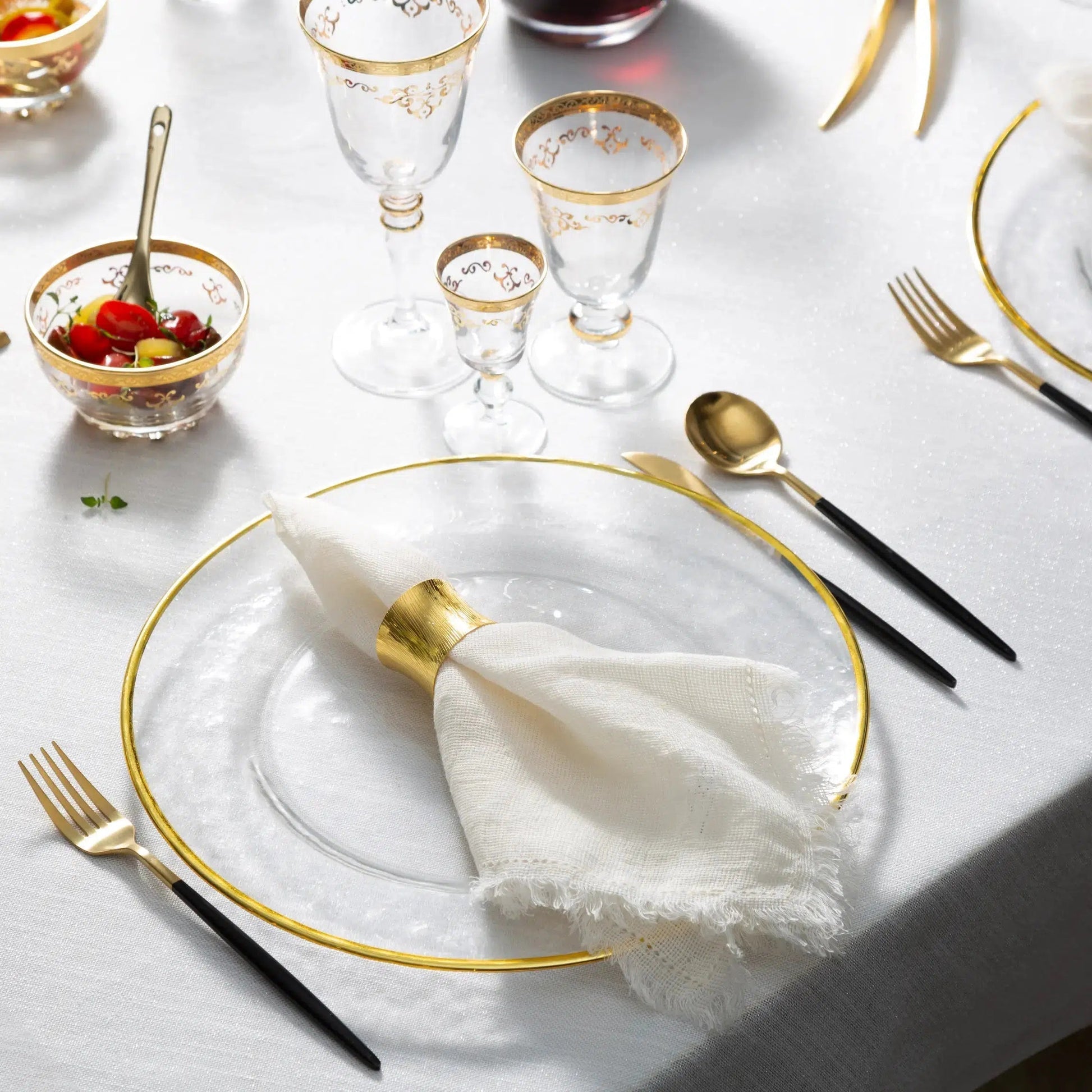 Set Of Clear Chargers With Gold Rim