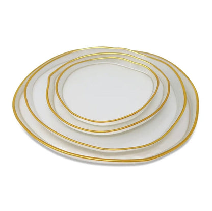 Set of 4 Odd Shaped White Plates with Gold Wall Dinnerware Sets High Class Touch - Home Decor 