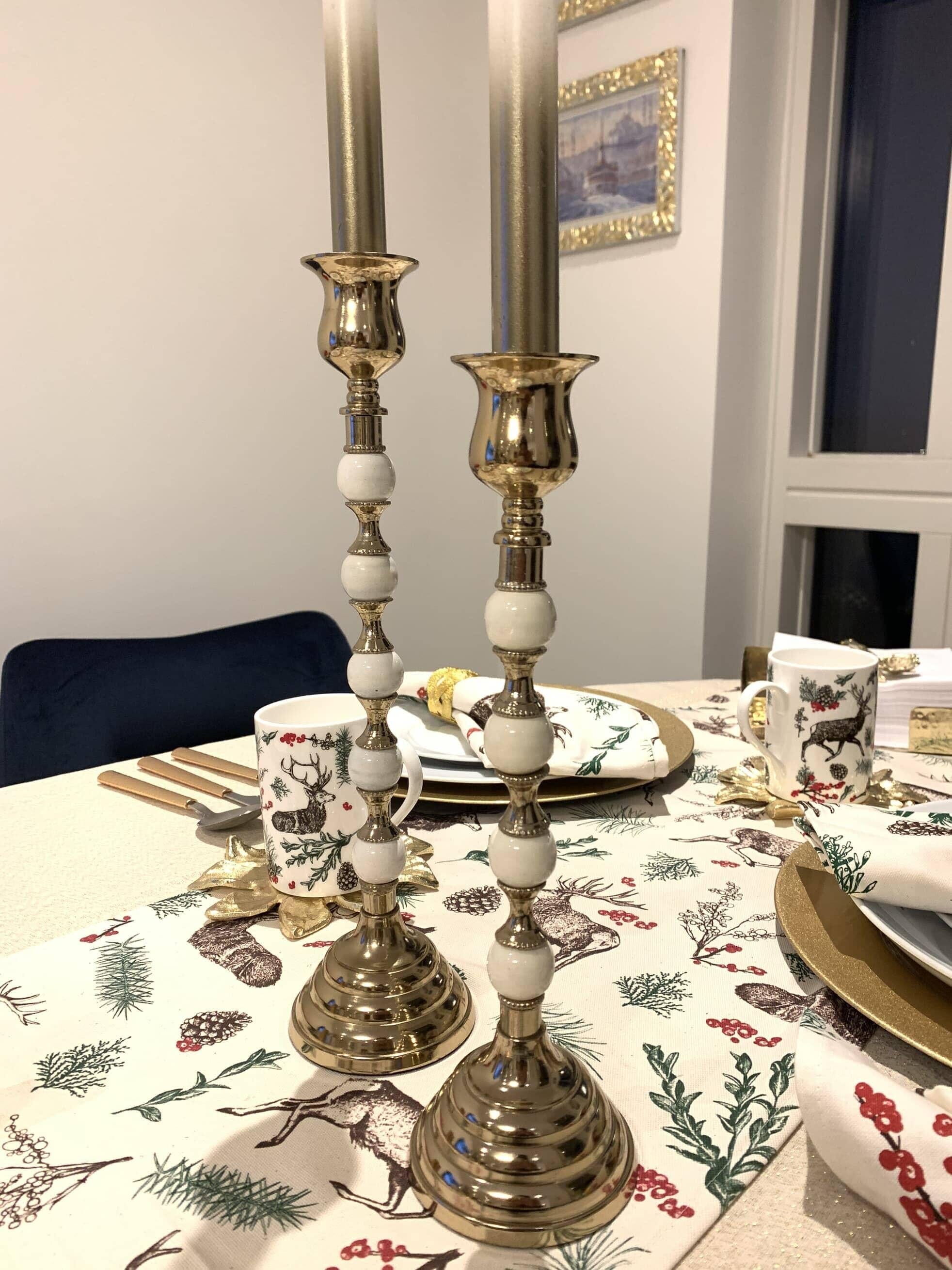 Short Gold Candle Holder White and Gold Beaded Stem Candle Holders High Class Touch - Home Decor 