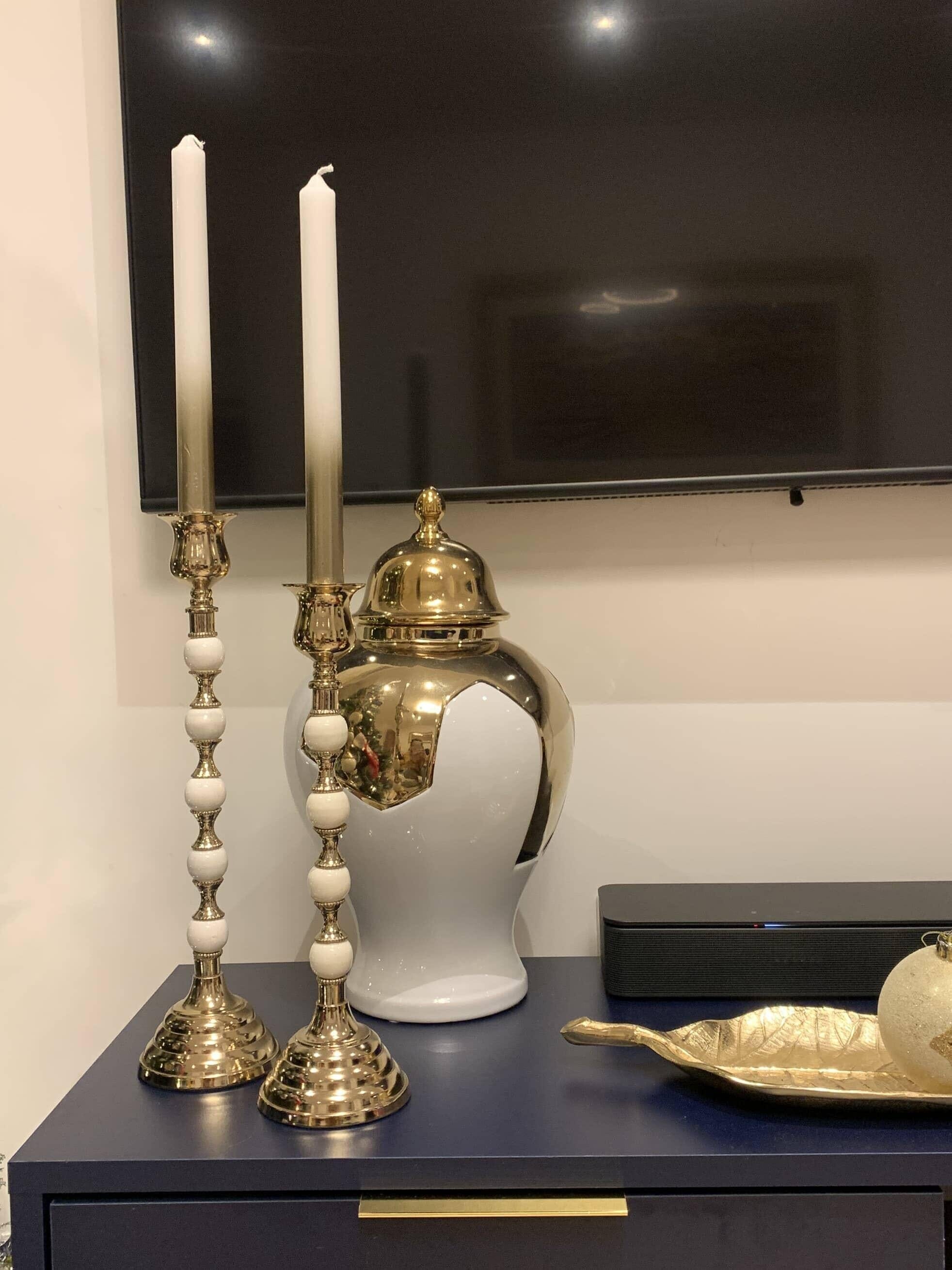 Short Gold Candle Holder White and Gold Beaded Stem Candle Holders High Class Touch - Home Decor 