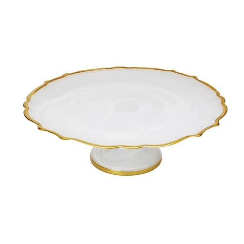 White Alabaster Cake Stand With Gold Trim 13" x 6'' Cake Stands High Class Touch - Home Decor 